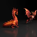 Red Dragons With Wings As Flying Animals In Two Poses Sitting And Flying