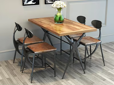 Wooden Dining Table Set with Metal Frame Chairs and Green Vase with White Flowers in Modern Room 3d model