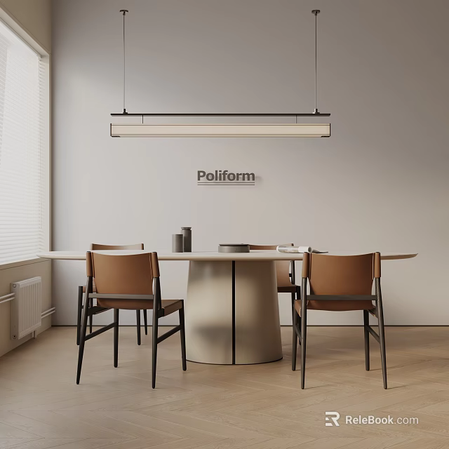 Modern Dining Table Set With Leather Chairs Round Top And Pendant Light 3d model