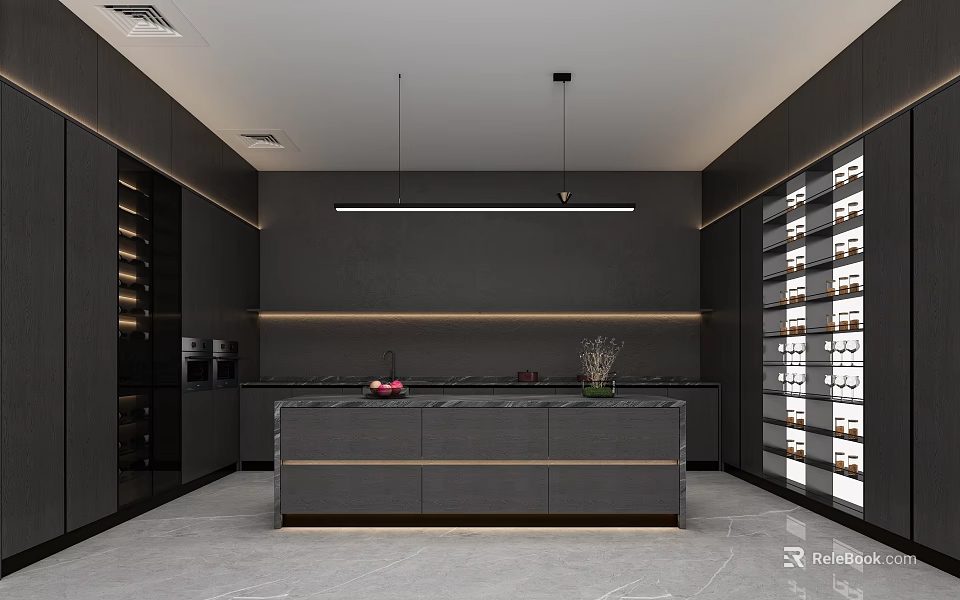 Dark Modern Kitchen Interior Design With Island Counter Tall Cabinets And Pendant Lights 3d model 