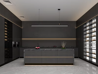 Dark Modern Kitchen Interior Design With Island Counter Tall Cabinets And Pendant Lights 3d model