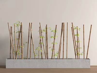 Natural Decorative Partition With Wooden Sticks And Green Leaf Plants On Concrete Base 3d model