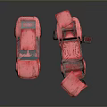 Red Car Model Display Featuring Broken Parts And Damaged Body Details