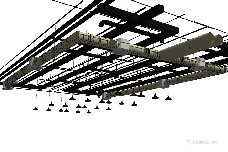 Industrial Ceiling Design With Exposed Ducts And Pendant Lighting Fixtures 3d model 