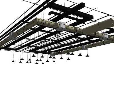 Industrial Ceiling Design With Exposed Ducts And Pendant Lighting Fixtures 3d model