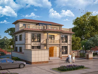 Two Story Detached Villa With Red Roof Balcony Large Windows And Green Trees 3d model