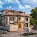 Two Story Detached Villa With Red Roof Balcony Large Windows And Green Trees