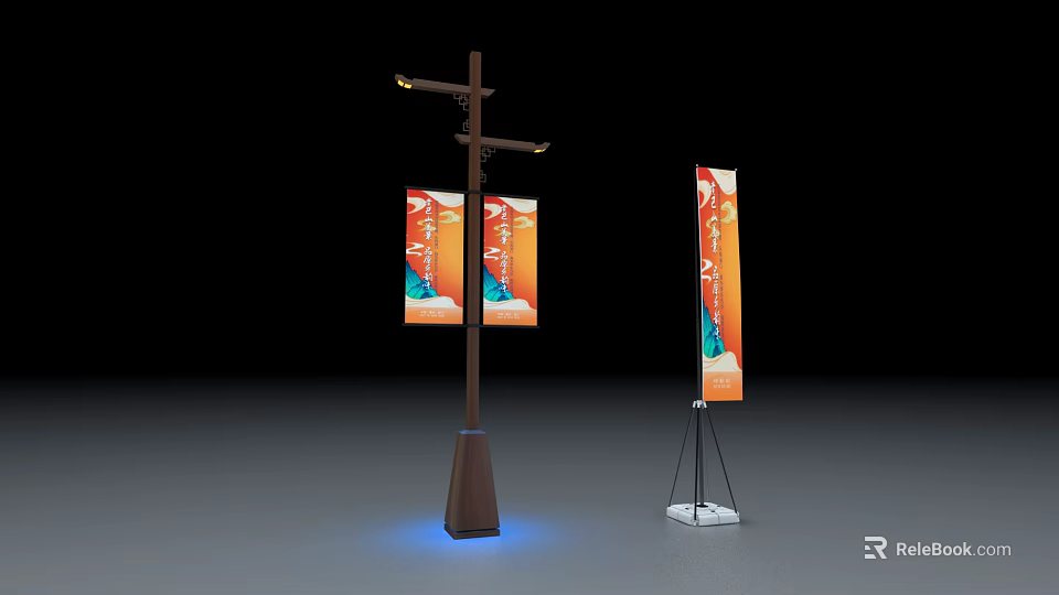 Outdoor Advertising Billboards With Light Pole And Tripod Stand Orange Illuminated Design 3d model 