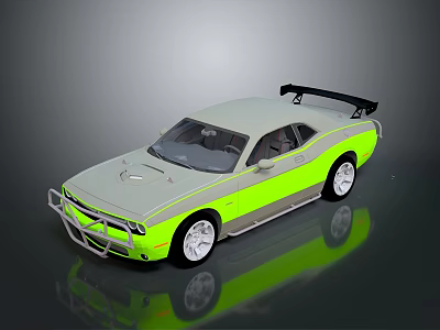 Gray Two Door Sports Car With Neon Green Stripes Black Rear Spoiler And Alloy Wheels 3d model