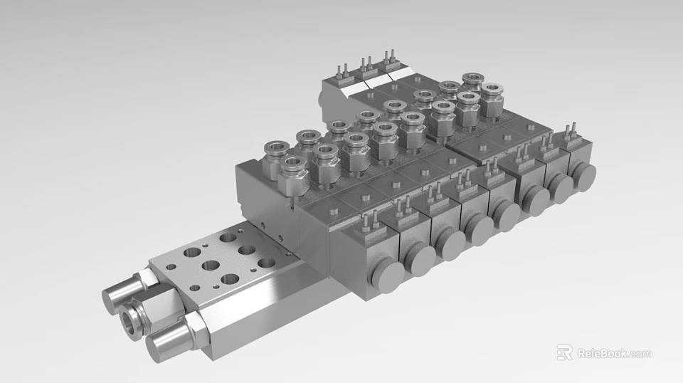 Industrial Hydraulic Manifold Valve Block With Multiple Cylinders And Metal Construction 3d model 