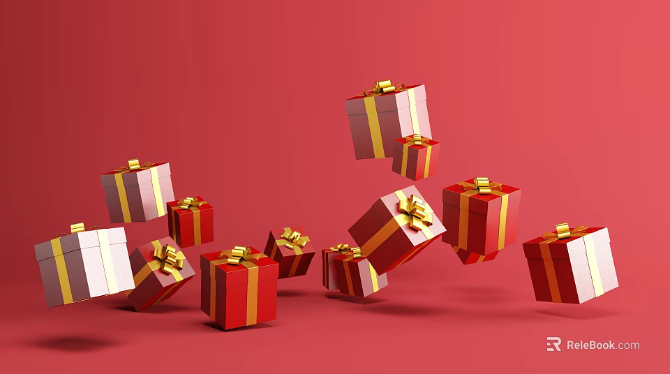 Multiple Gift Boxes With Golden Bows Floating On Red Background For Daily Use 3d model