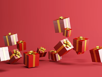 Multiple Gift Boxes With Golden Bows Floating On Red Background For Daily Use 3d model