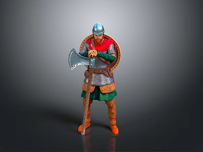 Medieval Warrior in Armor Standing With Helmet Axe Shield and Green Orange Outfit 3d model