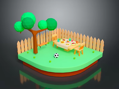 Modern Garden Outdoor Scene With Wooden Fence Green Tree Table Chairs Soccer Ball On Grass 3d model