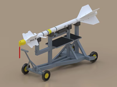 Military Missile on Mobile Launcher Cart with Wheels White Body Yellow Nose Cone and Fins 3d model