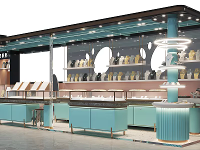 Jewelry Store Interior Design With Glass Displays Blue Counters And Bright Lighting 3d model