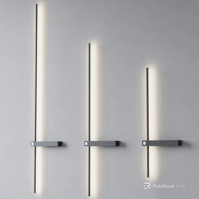 Three Long Strip Wall Lights with Black Base Soft Light Mounted on White Wall 3d model