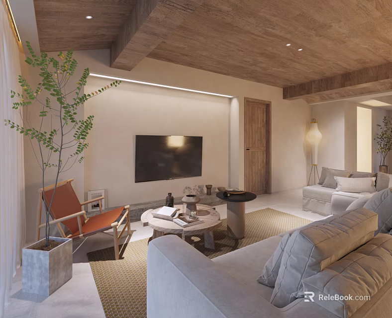 Cozy Natural Tone Living Room With Wooden Ceiling Soft Sofas And Indoor Decorative Plants 3d model 