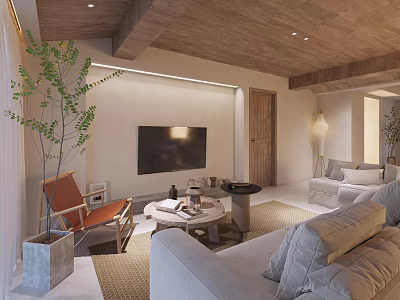 Cozy Natural Tone Living Room With Wooden Ceiling Soft Sofas And Indoor Decorative Plants 3d model