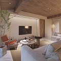 Cozy Natural Tone Living Room With Wooden Ceiling Soft Sofas And Indoor Decorative Plants