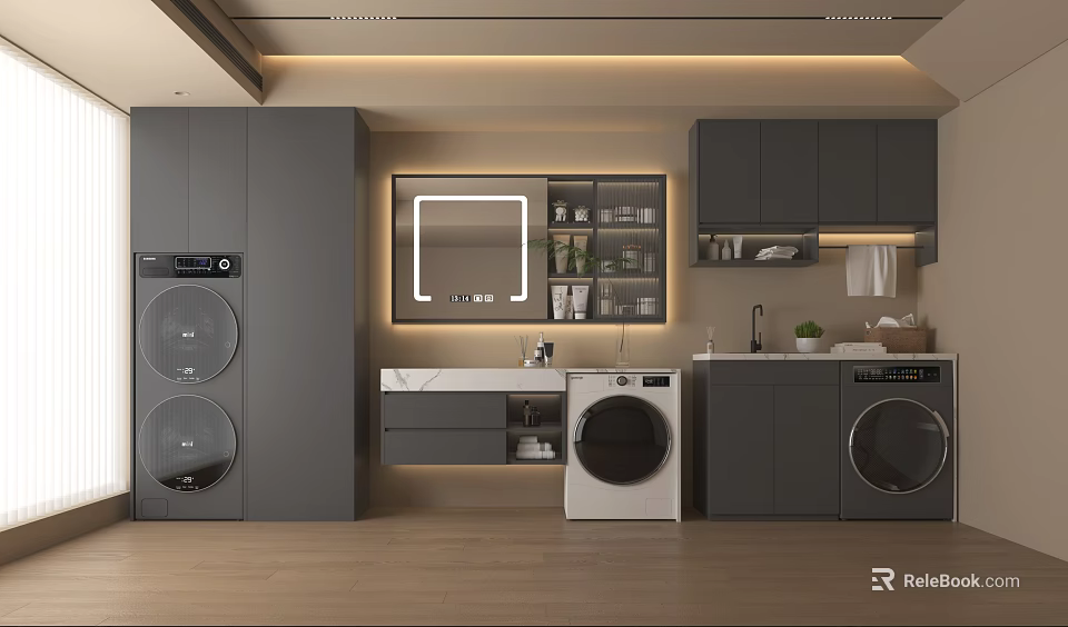 Modern Bathroom Cabinet Design With Mirror Marble Countertop And Storage 3d model 