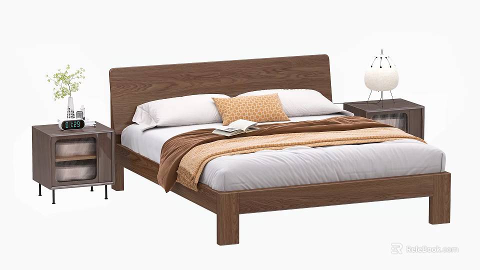 Wooden Headboard Double Bed with White Pillows Orange Cushion Brown Blanket Nightstands and Table Lamp 3d model 