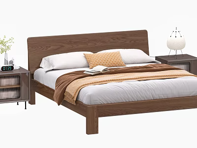 Wooden Headboard Double Bed with White Pillows Orange Cushion Brown Blanket Nightstands and Table Lamp 3d model