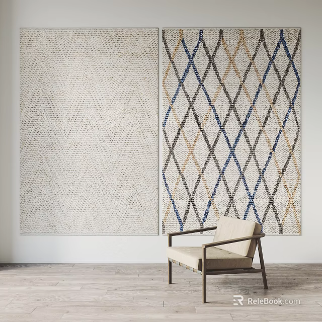 Square Rug with Geometric Diamond Pattern Blue Beige Gray Tones Indoor Living Space with Chair 3d model 