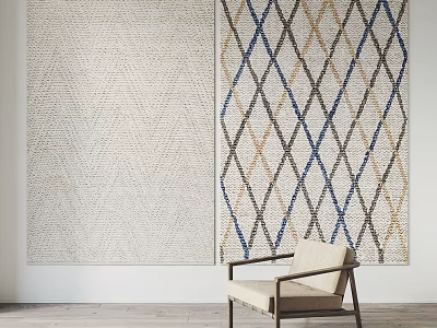 Square Rug with Geometric Diamond Pattern Blue Beige Gray Tones Indoor Living Space with Chair 3d model