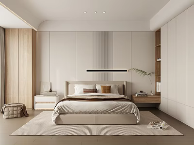 Minimalist Bedroom Interior Design With Wooden Elements White Walls Wardrobe Bedside Lamp And Rug 3d model