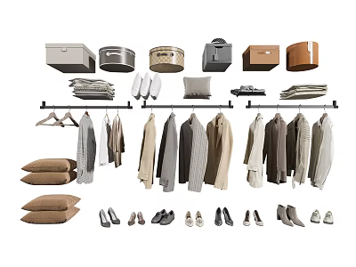 Organized Clothing Display With Hanging Clothes Folded Items Bags Storage Boxes And Shoes 3d model