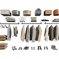 Organized Clothing Display With Hanging Clothes Folded Items Bags Storage Boxes And Shoes