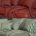 Beige Sectional Sofa With Rattan Armrests Wooden Legs And Decorative Pillows