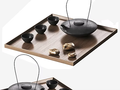 Minimalist Black Tea Set With Teapot Teacups And Stones On Wooden Tray 3d model