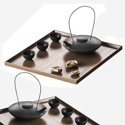 Minimalist Black Tea Set With Teapot Teacups And Stones On Wooden Tray 3d model