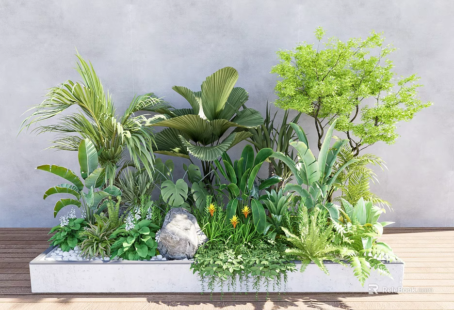 Indoor Landscape Featuring Verdant Leafy Plants Ferns Palm Leaves And Stone Decor 3d model 
