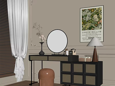 Elegant Dressing Table With Round Mirror Brown Stool Vase Lamp And Decorative Wall Art 3d model