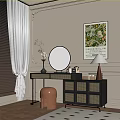 Elegant Dressing Table With Round Mirror Brown Stool Vase Lamp And Decorative Wall Art