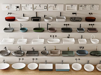 Various Wall Mounted Washbasins With Different Colors Shapes And Materials On 3d model