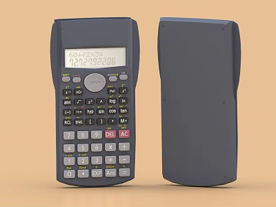 Gray Calculator Front Back View With Digital Display And Function Buttons 3d model