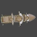 Wooden Pirate Ship Model with White Sails Skull Emblem and Decorative Teeth on Bow