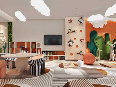Colorful Kids Playroom With Cartoon Wall Decor And Furniture 3d model