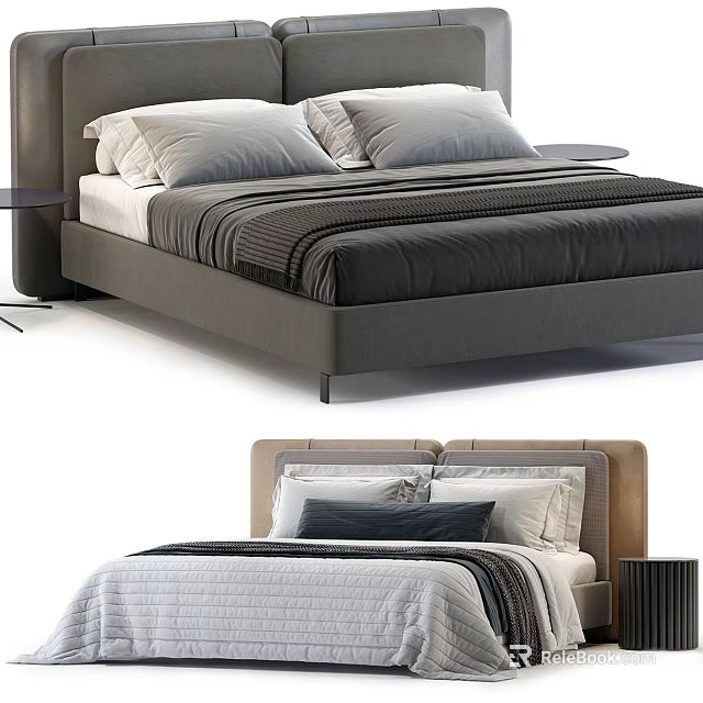 Modern Double Bed With Upholstered Headboard Striped Linens And Decorative Pillows 3d model 