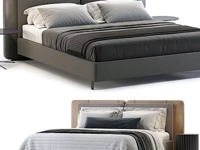 Modern Double Bed With Upholstered Headboard Striped Linens And Decorative Pillows 3d model