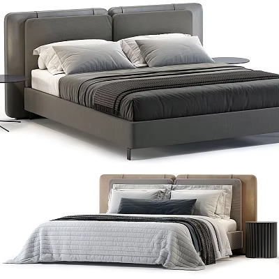 Modern Double Bed With Upholstered Headboard Striped Linens And Decorative Pillows 3d model