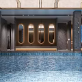 Modern SPA Sauna Interior Design With Swimming Pool Marble Walls And Green Plants