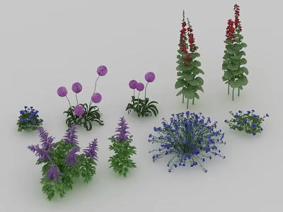 Vibrant Garden Flowers and Plants with Purple Spherical Red Columnar Blue Clusters and Green Leaves 3d model