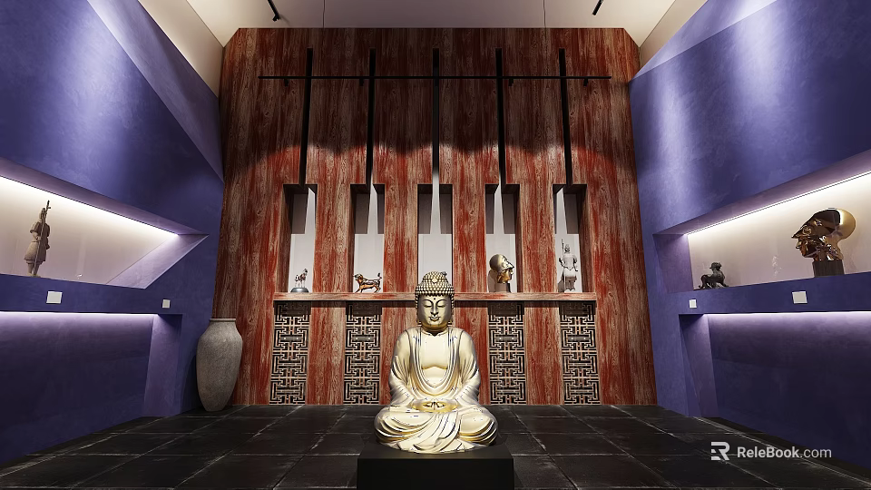 Buddha Statue in Interior With Red Wooden Wall Purple Walls and Black Floor Decorative Items 3d model 