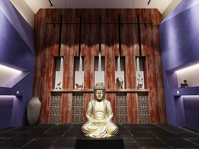 Buddha Statue in Interior With Red Wooden Wall Purple Walls and Black Floor Decorative Items 3d model