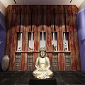 Buddha Statue in Interior With Red Wooden Wall Purple Walls and Black Floor Decorative Items